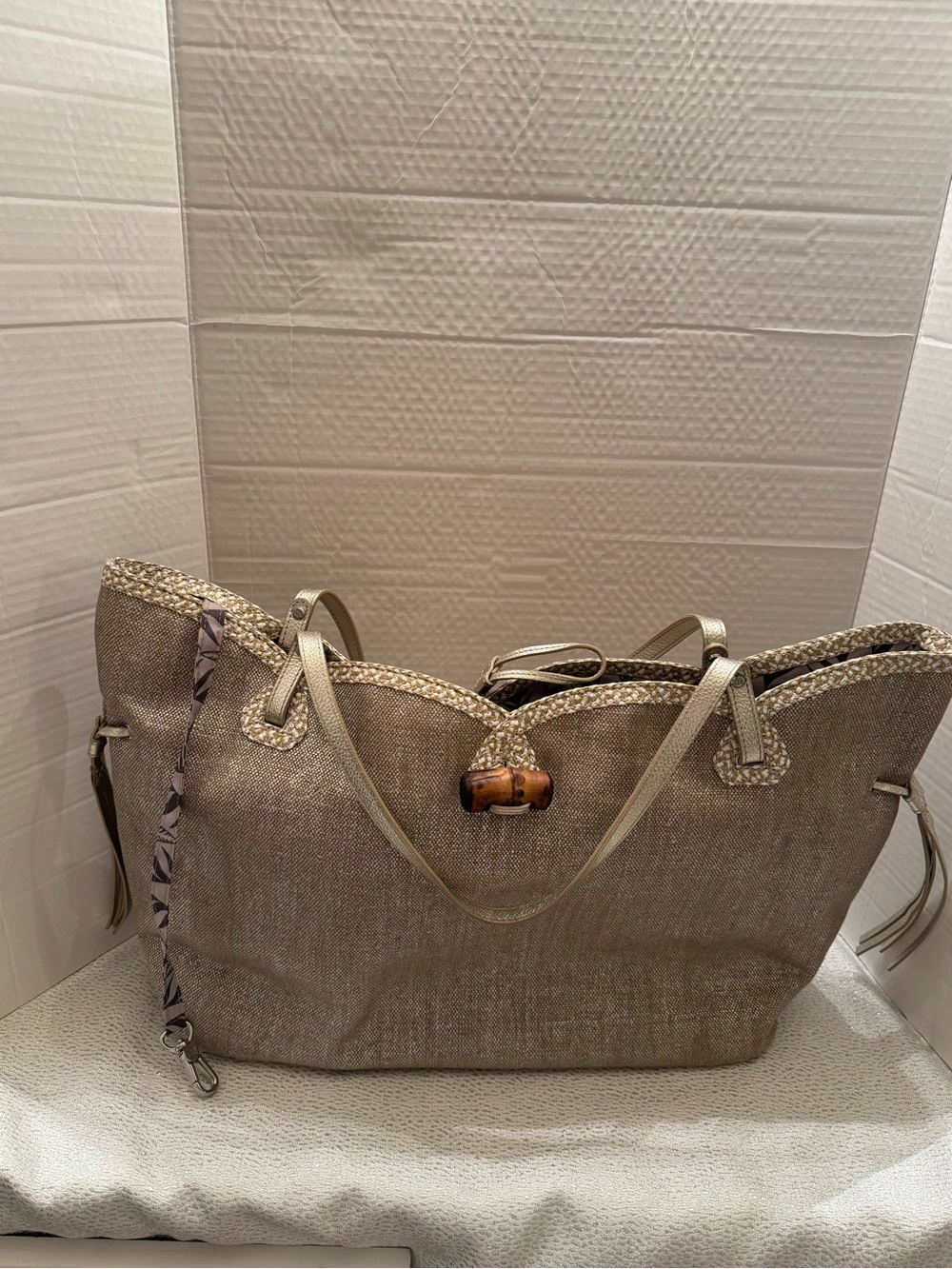 Eric Javits Woven Straw-Trim Tote Bag in Taupe with Metallic Gold Straps